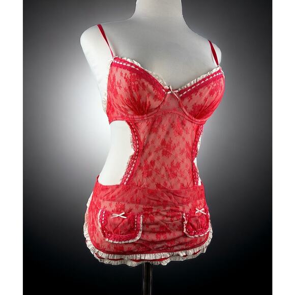 NWT Victoria’s Secret Maid Lingerie Teddy Red Mesh Lace Babydoll 34C Valentine - Picture 1 of 16